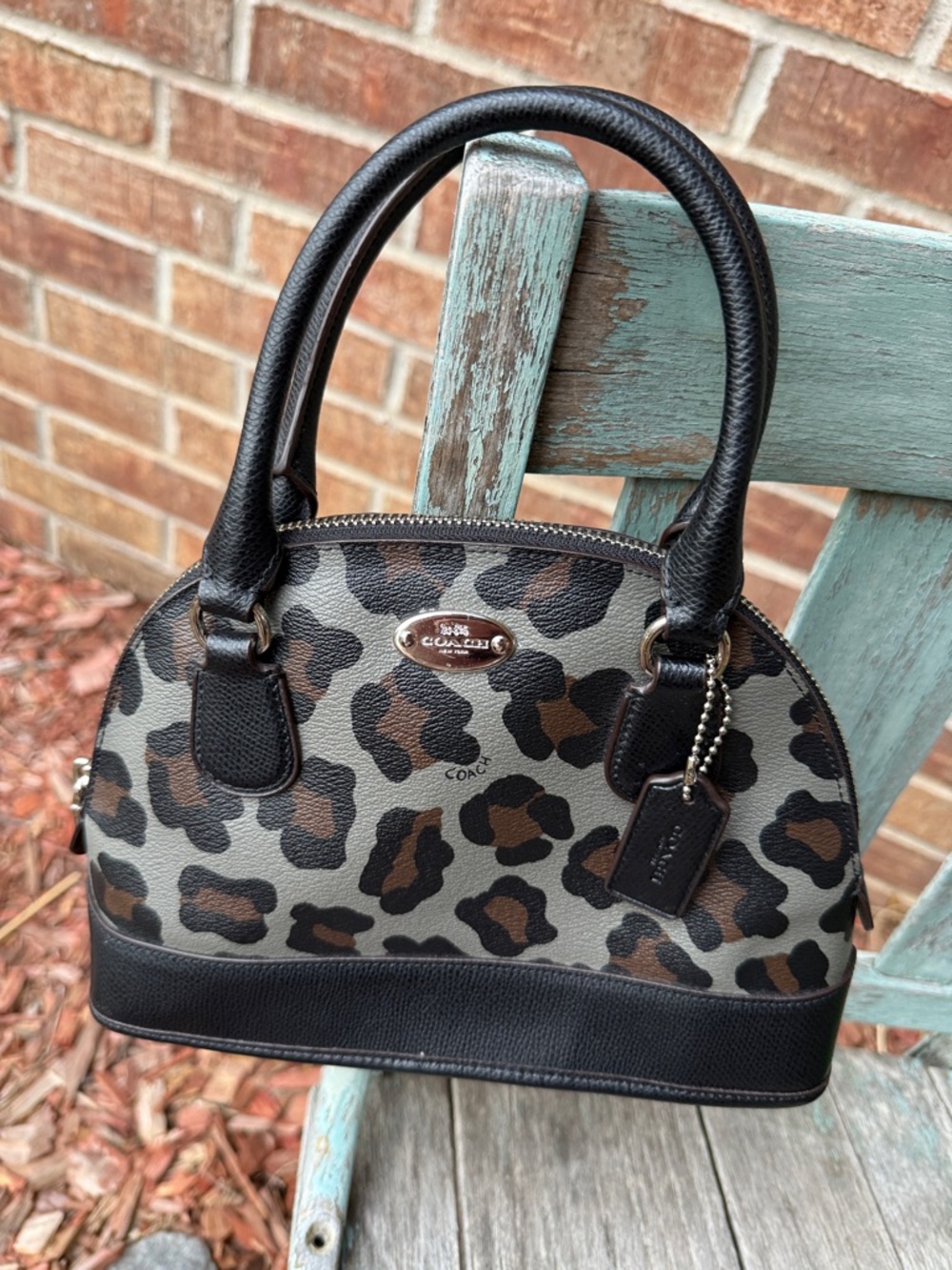 Coach Leopard-Print Cora Mini Dome Satchel in Black and Brown - Picture 2 of 14